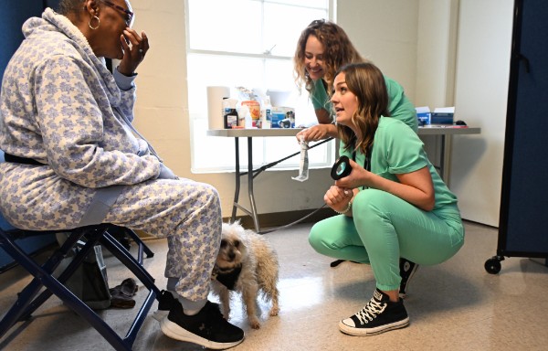A pet owner visiting with her dog and The Local Vets staff